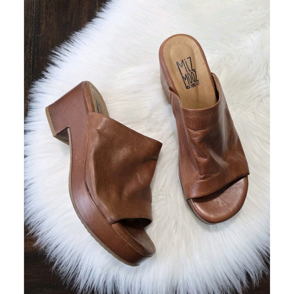 Miz Mooz Gwen Brown Leather Platform Slide Sandals Chunky Mules Size 38 US 7.5-8